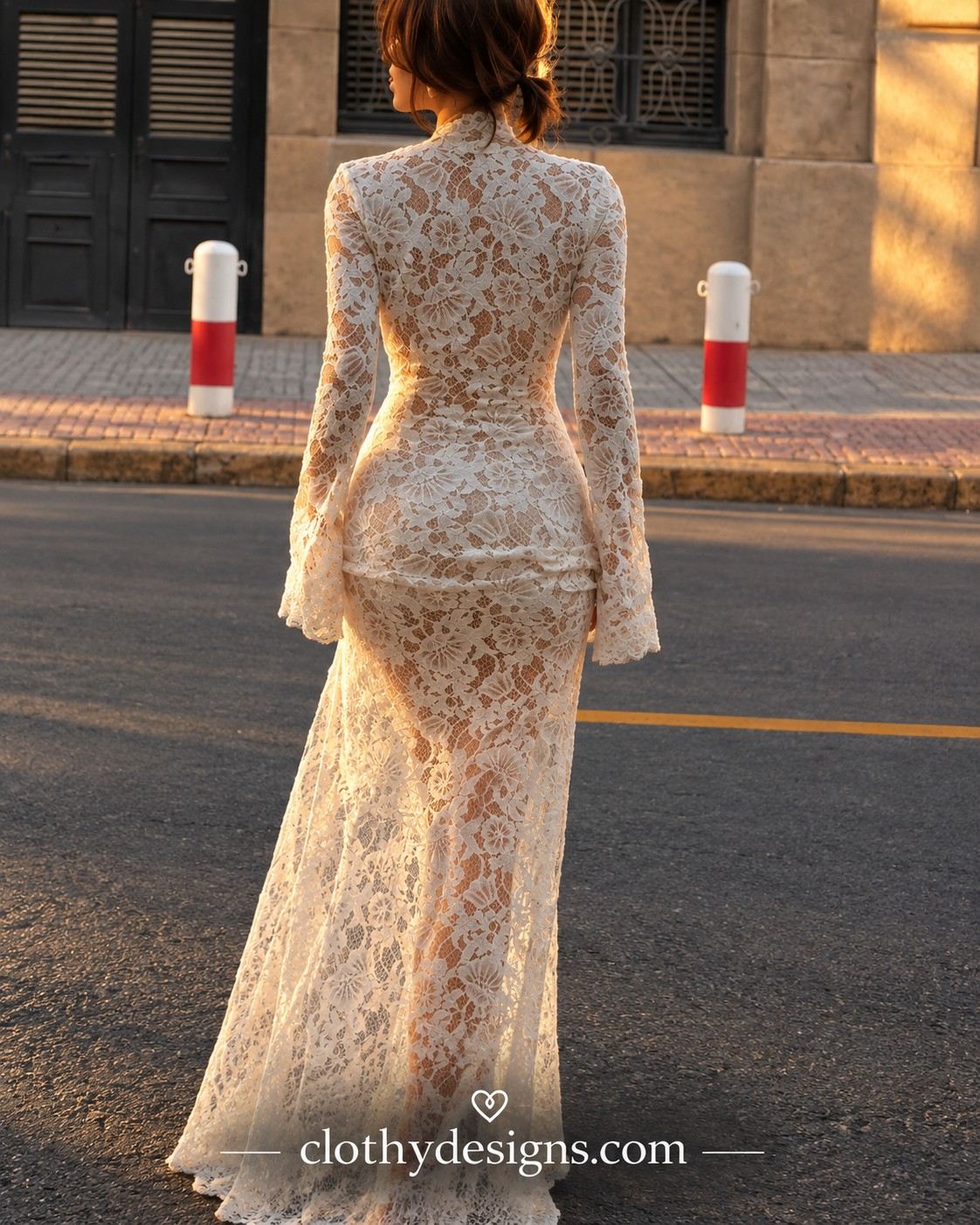Women’s Sheer Lace Maxi Dress – Hollow-Out Draped Bandage Dress with Lace-Up Detail, Long Sleeves & High Split, Sexy Coquette Evening Wear